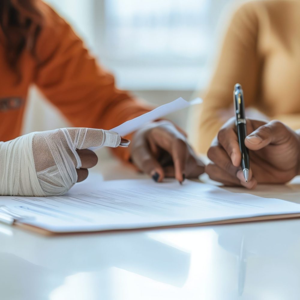 An individual with an injured, bandaged hand fills out a form or contract